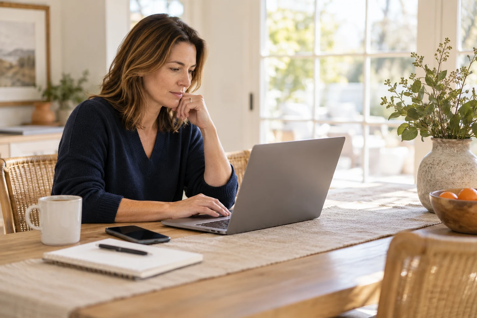 Illustrative customer researching a service on a laptop at home