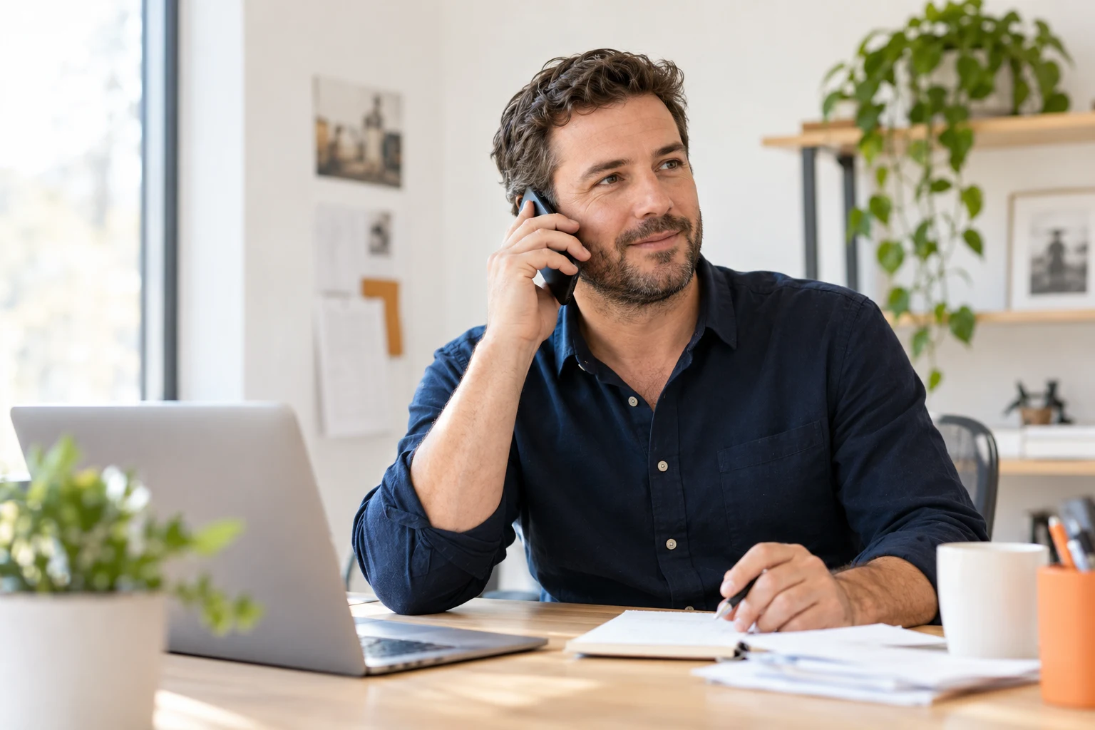 Illustrative service-business owner speaking with a customer by phone